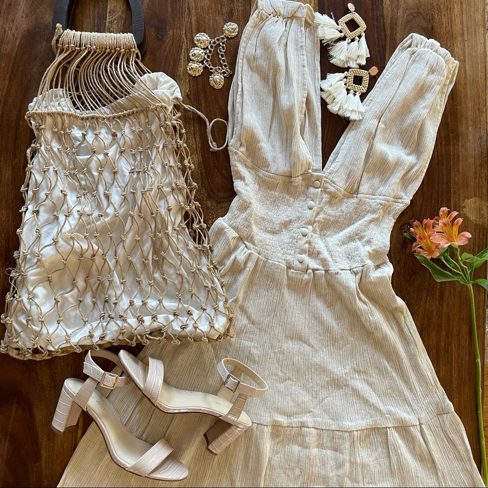 NWT ASOS DESIGN shirred waist button front tiered midi sundress in oatmeal